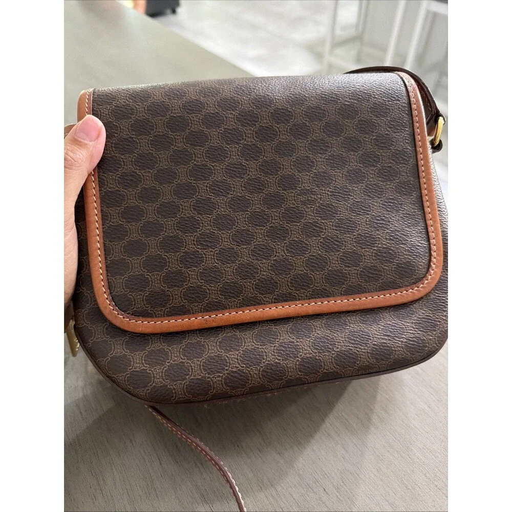 CELINE Macadam Canvas Shoulder Bag PVC Leather Brown Gold Authentic